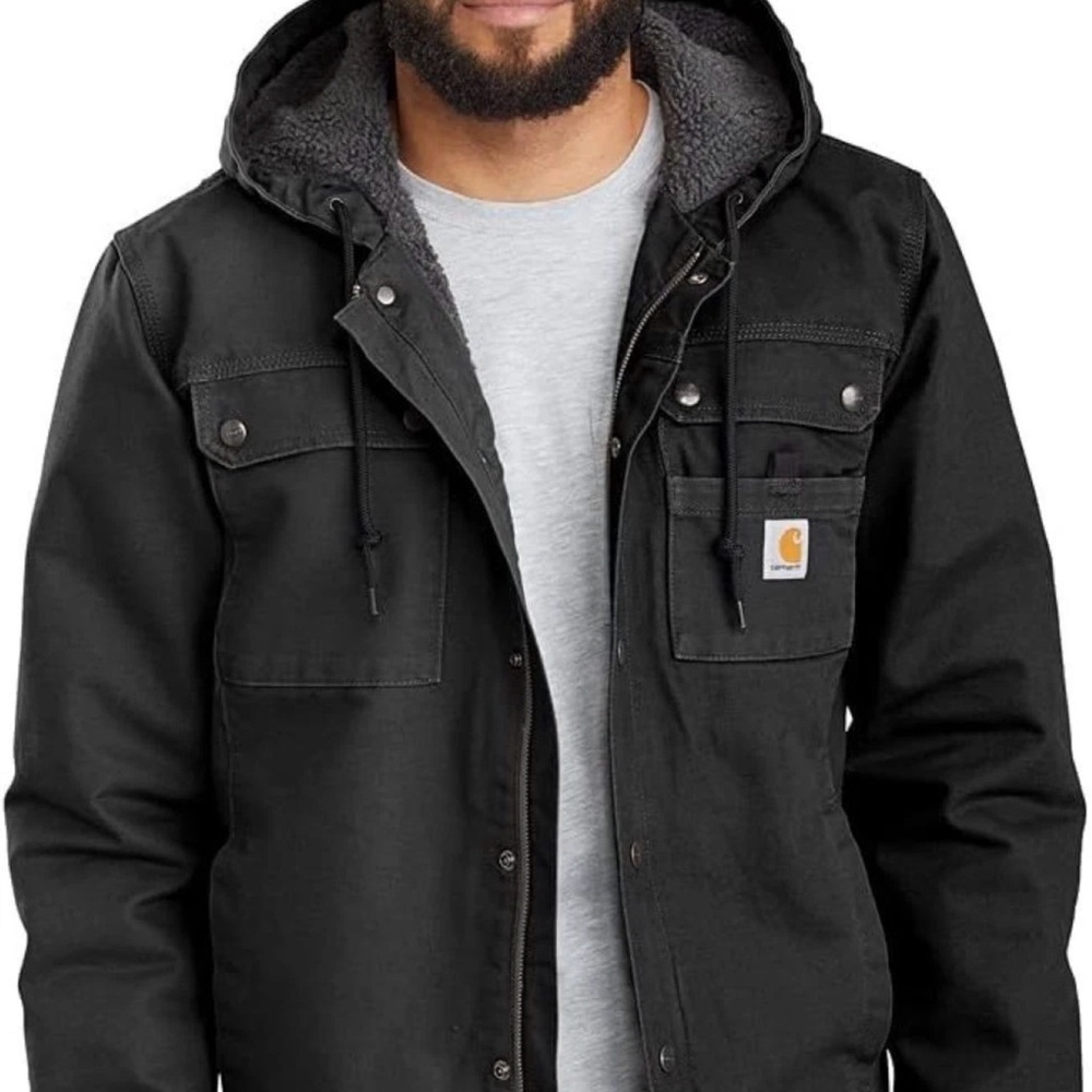 Carhartt Men's Black Washed Duck Bartlett Jacket Sherpa lined EUC L Tall Relaxed